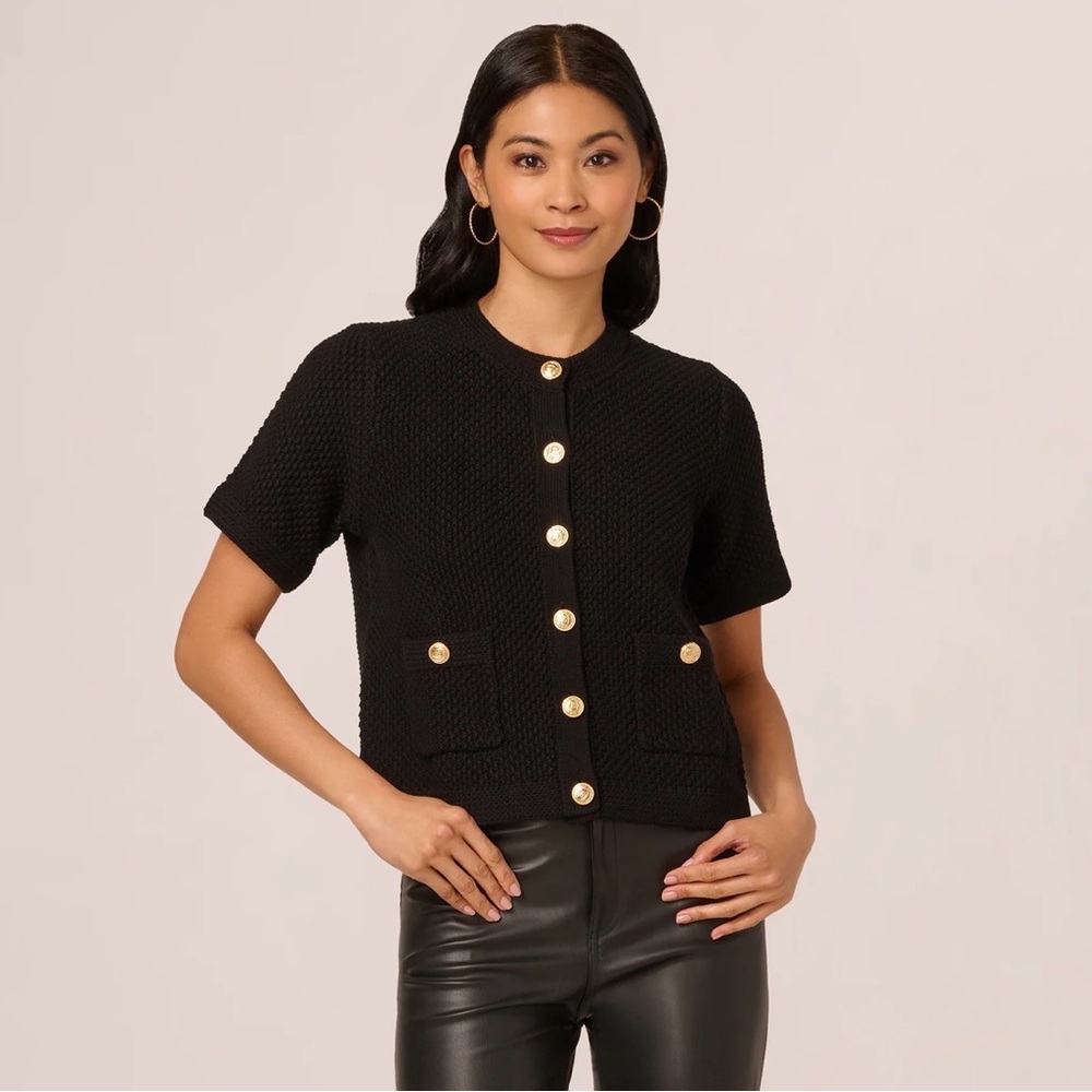 Adrianna Papell Short Sleeve Textured Cardigan Sweater